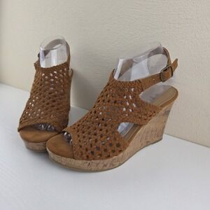 Mudd Cork Woven/Crochet Wedge Heel Sandals Brown Women's Size 8 M